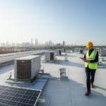 commercial building rooftop with solar panels and hv