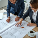 two professionals in an office setting reviewing architectu